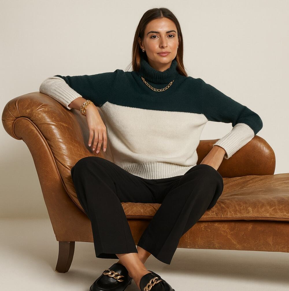 G/FORE Coloblock Wool Turtleneck Sweater Green White Sz L $395 {VV26}